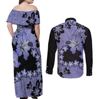 Purple Hawaii Couples Matching Off Shoulder Maxi Dress and Long Sleeve Button Shirt Tapa Cloth Mix Tropical Flowers Pastel Vibes LT14 - Polynesian Pride