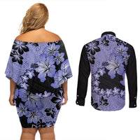 Purple Hawaii Couples Matching Off Shoulder Short Dress and Long Sleeve Button Shirt Tapa Cloth Mix Tropical Flowers Pastel Vibes LT14 - Polynesian Pride