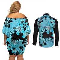 Blue Hawaii Couples Matching Off Shoulder Short Dress and Long Sleeve Button Shirt Tapa Cloth Mix Tropical Flowers Pastel Vibes LT14 - Polynesian Pride