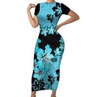 Blue Hawaii Short Sleeve Bodycon Dress Tapa Cloth Mix Tropical Flowers Pastel Vibes LT14 Long Dress Blue - Polynesian Pride