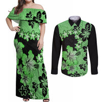 Green Hawaii Couples Matching Off Shoulder Maxi Dress and Long Sleeve Button Shirt Tapa Cloth Mix Tropical Flowers Pastel Vibes LT14 Green - Polynesian Pride
