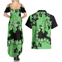 Green Hawaii Couples Matching Summer Maxi Dress and Hawaiian Shirt Tapa Cloth Mix Tropical Flowers Pastel Vibes LT14 - Polynesian Pride