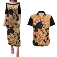 Orange Hawaii Couples Matching Puletasi Dress and Hawaiian Shirt Tapa Cloth Mix Tropical Flowers Pastel Vibes LT14 Orange - Polynesian Pride