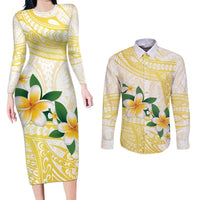 Gold And White Polynesia Plumeria Couples Matching Long Sleeve Bodycon Dress and Long Sleeve Button Shirt Curves Tropical Vibes LT14 Gold - Polynesian Pride