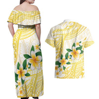 Gold And White Polynesia Plumeria Couples Matching Off Shoulder Maxi Dress and Hawaiian Shirt Curves Tropical Vibes LT14 - Polynesian Pride