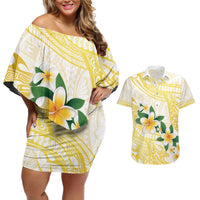 Gold And White Polynesia Plumeria Couples Matching Off Shoulder Short Dress and Hawaiian Shirt Curves Tropical Vibes LT14 Gold - Polynesian Pride