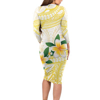 Gold And White Polynesia Plumeria Family Matching Long Sleeve Bodycon Dress and Hawaiian Shirt Curves Tropical Vibes LT14 - Polynesian Pride