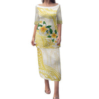 Gold And White Polynesia Plumeria Family Matching Puletasi and Hawaiian Shirt Curves Tropical Vibes LT14 Mom's Dress Gold - Polynesian Pride