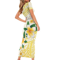Gold And White Polynesia Plumeria Family Matching Short Sleeve Bodycon Dress and Hawaiian Shirt Curves Tropical Vibes LT14 - Polynesian Pride