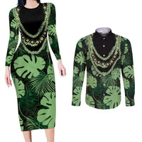 Green Hawaii Kukui Nut Lei Couples Matching Long Sleeve Bodycon Dress and Long Sleeve Button Shirt Hawaiian Pattern Monstera Tropical Vibes LT14 Green - Polynesian Pride