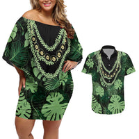Green Hawaii Kukui Nut Lei Couples Matching Off Shoulder Short Dress and Hawaiian Shirt Hawaiian Pattern Monstera Tropical Vibes LT14 Green - Polynesian Pride