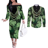 Green Hawaii Kukui Nut Lei Couples Matching Off The Shoulder Long Sleeve Dress and Long Sleeve Button Shirt Hawaiian Pattern Monstera Tropical Vibes LT14 Green - Polynesian Pride