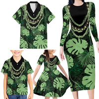 Green Hawaii Kukui Nut Lei Family Matching Long Sleeve Bodycon Dress and Hawaiian Shirt Hawaiian Pattern Monstera Tropical Vibes LT14 - Polynesian Pride