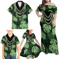 Green Hawaii Kukui Nut Lei Family Matching Off Shoulder Maxi Dress and Hawaiian Shirt Hawaiian Pattern Monstera Tropical Vibes LT14 - Polynesian Pride