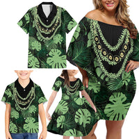 Green Hawaii Kukui Nut Lei Family Matching Off Shoulder Short Dress and Hawaiian Shirt Hawaiian Pattern Monstera Tropical Vibes LT14 - Polynesian Pride