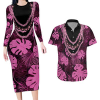 Pink Hawaii Kukui Nut Lei Couples Matching Long Sleeve Bodycon Dress and Hawaiian Shirt Hawaiian Pattern Monstera Tropical Vibes LT14 Pink - Polynesian Pride