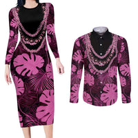 Pink Hawaii Kukui Nut Lei Couples Matching Long Sleeve Bodycon Dress and Long Sleeve Button Shirt Hawaiian Pattern Monstera Tropical Vibes LT14 Pink - Polynesian Pride
