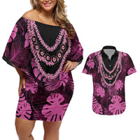 Pink Hawaii Kukui Nut Lei Couples Matching Off Shoulder Short Dress and Hawaiian Shirt Hawaiian Pattern Monstera Tropical Vibes LT14 Pink - Polynesian Pride