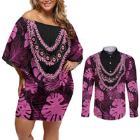 Pink Hawaii Kukui Nut Lei Couples Matching Off Shoulder Short Dress and Long Sleeve Button Shirt Hawaiian Pattern Monstera Tropical Vibes - Polynesian Pride