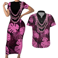 Pink Hawaii Kukui Nut Lei Couples Matching Short Sleeve Bodycon Dress and Hawaiian Shirt Hawaiian Pattern Monstera Tropical Vibes LT14 Pink - Polynesian Pride