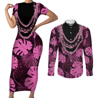 Pink Hawaii Kukui Nut Lei Couples Matching Short Sleeve Bodycon Dress and Long Sleeve Button Shirt Hawaiian Pattern Monstera Tropical Vibes LT14 Pink - Polynesian Pride