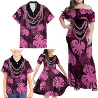 Pink Hawaii Kukui Nut Lei Family Matching Off Shoulder Maxi Dress and Hawaiian Shirt Hawaiian Pattern Monstera Tropical Vibes LT14 - Polynesian Pride
