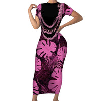 Pink Hawaii Kukui Nut Lei Family Matching Short Sleeve Bodycon Dress and Hawaiian Shirt Hawaiian Pattern Monstera Tropical Vibes LT14 Mom's Dress Pink - Polynesian Pride