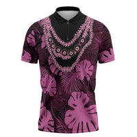 Pink Hawaii Kukui Nut Lei Zipper Polo Shirt Hawaiian Pattern Monstera Tropical Vibes - Polynesian Pride