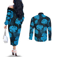 Blue Hawaii Kukui Nut Lei Couples Matching Off The Shoulder Long Sleeve Dress and Long Sleeve Button Shirt Hawaiian Pattern Monstera Tropical Vibes LT14 - Polynesian Pride