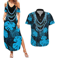 Blue Hawaii Kukui Nut Lei Couples Matching Summer Maxi Dress and Hawaiian Shirt Hawaiian Pattern Monstera Tropical Vibes LT14 Blue - Polynesian Pride