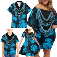 Blue Hawaii Kukui Nut Lei Family Matching Off Shoulder Short Dress and Hawaiian Shirt Hawaiian Pattern Monstera Tropical Vibes LT14 - Polynesian Pride