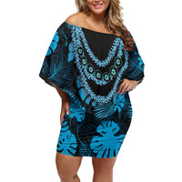 Blue Hawaii Kukui Nut Lei Family Matching Off Shoulder Short Dress and Hawaiian Shirt Hawaiian Pattern Monstera Tropical Vibes LT14 Mom's Dress Blue - Polynesian Pride