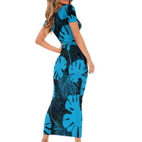 Blue Hawaii Kukui Nut Lei Short Sleeve Bodycon Dress Hawaiian Pattern Monstera Tropical Vibes - Polynesian Pride