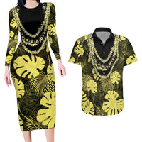 Yellow Hawaii Kukui Nut Lei Couples Matching Long Sleeve Bodycon Dress and Hawaiian Shirt Hawaiian Pattern Monstera Tropical Vibes LT14 Yellow - Polynesian Pride