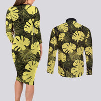 Yellow Hawaii Kukui Nut Lei Couples Matching Long Sleeve Bodycon Dress and Long Sleeve Button Shirt Hawaiian Pattern Monstera Tropical Vibes LT14 - Polynesian Pride