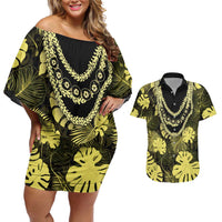 Yellow Hawaii Kukui Nut Lei Couples Matching Off Shoulder Short Dress and Hawaiian Shirt Hawaiian Pattern Monstera Tropical Vibes LT14 Yellow - Polynesian Pride