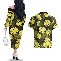 Yellow Hawaii Kukui Nut Lei Couples Matching Off The Shoulder Long Sleeve Dress and Hawaiian Shirt Hawaiian Pattern Monstera Tropical Vibes LT14 - Polynesian Pride