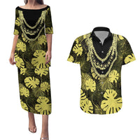 Yellow Hawaii Kukui Nut Lei Couples Matching Puletasi and Hawaiian Shirt Hawaiian Pattern Monstera Tropical Vibes - Polynesian Pride