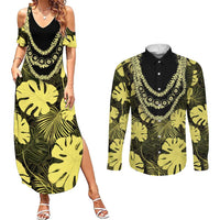 Yellow Hawaii Kukui Nut Lei Couples Matching Summer Maxi Dress and Long Sleeve Button Shirt Hawaiian Pattern Monstera Tropical Vibes - Polynesian Pride