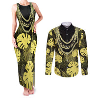 Yellow Hawaii Kukui Nut Lei Couples Matching Tank Maxi Dress and Long Sleeve Button Shirt Hawaiian Pattern Monstera Tropical Vibes LT14 Yellow - Polynesian Pride