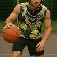 Yellow Hawaii Kukui Nut Lei Sleeveless Zip Hoodie Hawaiian Pattern Monstera Tropical Vibes - Polynesian Pride