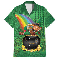 Hawaii Saint Patrick's Day Family Matching Long Sleeve Bodycon Dress and Hawaiian Shirt Funny Leprechaun With Pot Of Gold - Polynesian Tattoo LT14 Dad's Shirt - Short Sleeve Green - Polynesian Pride