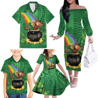 Hawaii Saint Patrick's Day Family Matching Off The Shoulder Long Sleeve Dress and Hawaiian Shirt Funny Leprechaun With Pot Of Gold - Polynesian Tattoo LT14 Green - Polynesian Pride