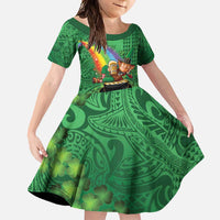 Hawaii Saint Patrick's Day Family Matching Off Shoulder Maxi Dress and Hawaiian Shirt Funny Leprechaun With Pot Of Gold - Polynesian Tattoo LT14 Daughter's Dress Green - Polynesian Pride