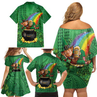 Hawaii Saint Patrick's Day Family Matching Off Shoulder Short Dress and Hawaiian Shirt Funny Leprechaun With Pot Of Gold - Polynesian Tattoo LT14 - Polynesian Pride