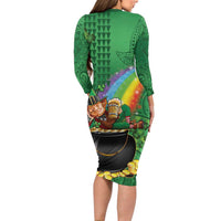 Hawaii Saint Patrick's Day Long Sleeve Bodycon Dress Funny Leprechaun With Pot Of Gold - Polynesian Tattoo LT14 - Polynesian Pride