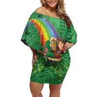 Hawaii Saint Patrick's Day Off Shoulder Short Dress Funny Leprechaun With Pot Of Gold - Polynesian Tattoo LT14 Women Green - Polynesian Pride