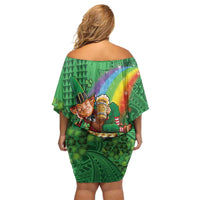 Hawaii Saint Patrick's Day Off Shoulder Short Dress Funny Leprechaun With Pot Of Gold - Polynesian Tattoo LT14 - Polynesian Pride