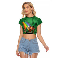 Hawaii Saint Patrick's Day Raglan Cropped T Shirt Funny Leprechaun With Pot Of Gold - Polynesian Tattoo LT14 Female Green - Polynesian Pride