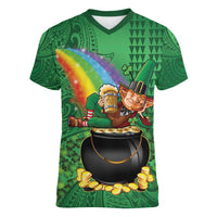 Hawaii Saint Patrick's Day Women V-Neck T-Shirt Funny Leprechaun With Pot Of Gold - Polynesian Tattoo LT14 Female Green - Polynesian Pride